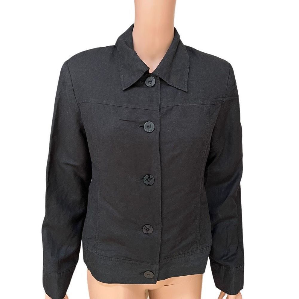 J.G. Hook Women's black Jacket Size M Linen Blend Button Front Lined vintage